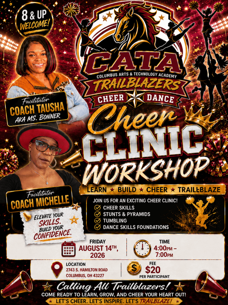 Flyer for a cheer and dance clinic with two adult women and cheerleaders.